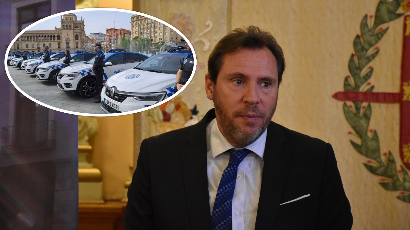 Óscar Puente y una imagen de los nuevos vehículos de la Policía Municipal de Valladolid.