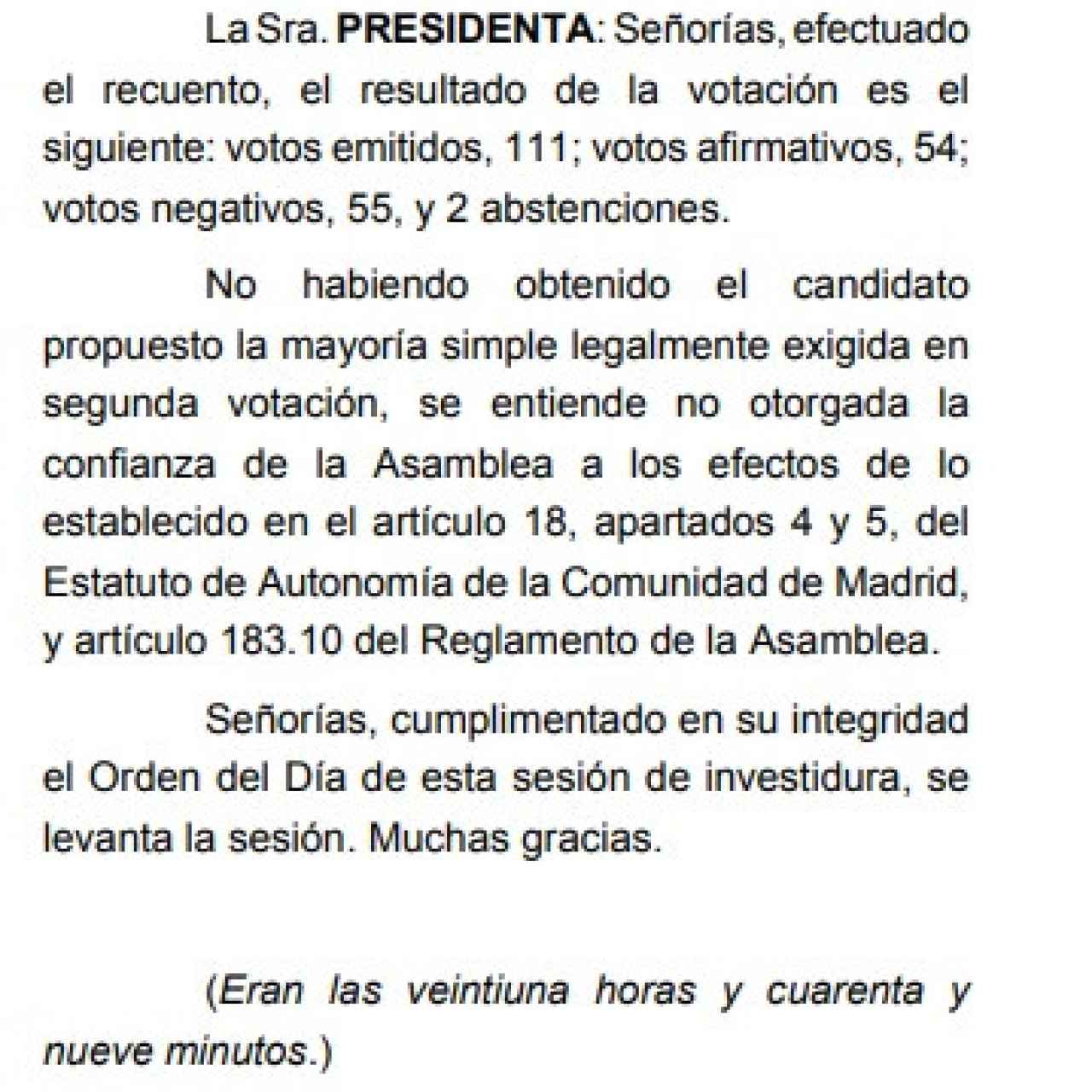 Pantallazo del Diario de Sesiones de la Asamblea de Madrid.