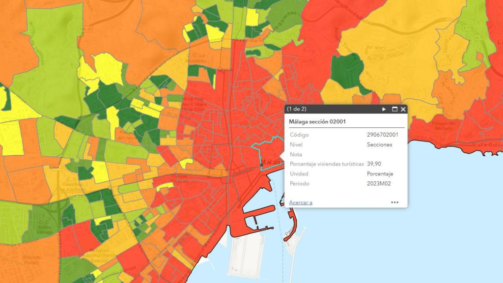 Mapa con la zona del Centro de Málaga con mayor porcentaje de vivienda turística, según el INE.