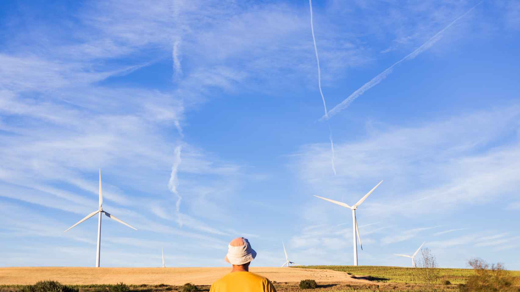 Un hombre observa un campo de molinos de viento bajo un cielo azul plagado de chemtrails