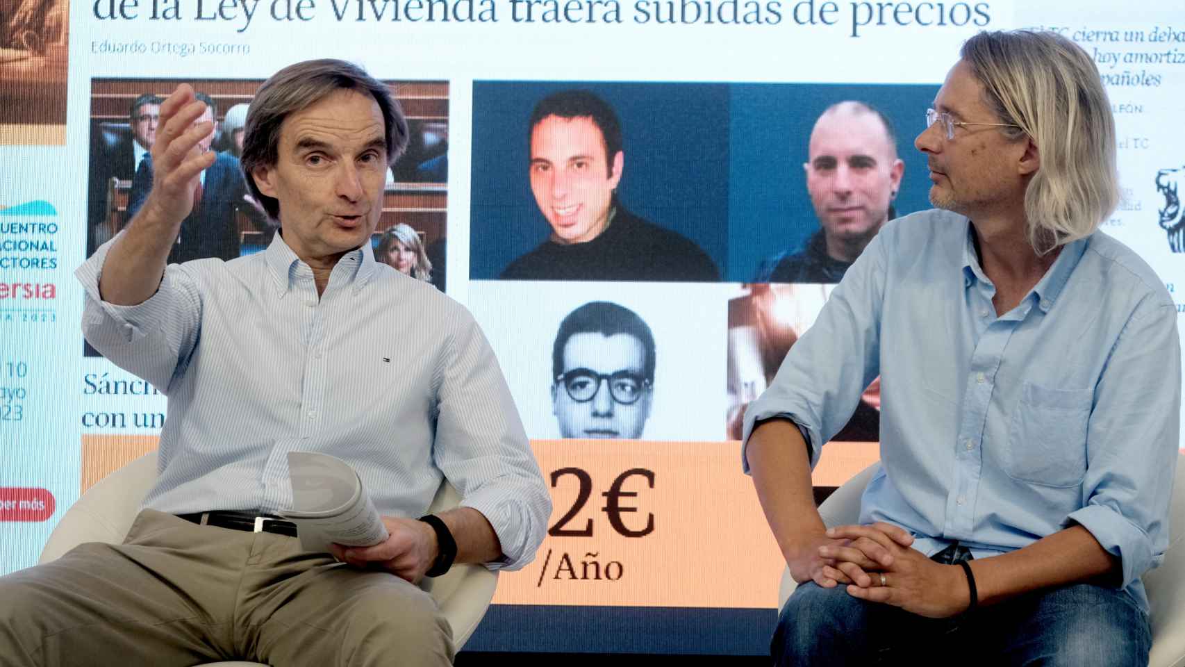 El periodista Miguel Ángel Mellado durante la presentación del máster de EL ESPAÑOL junto al periodista y profesor Eduardo del Campo.