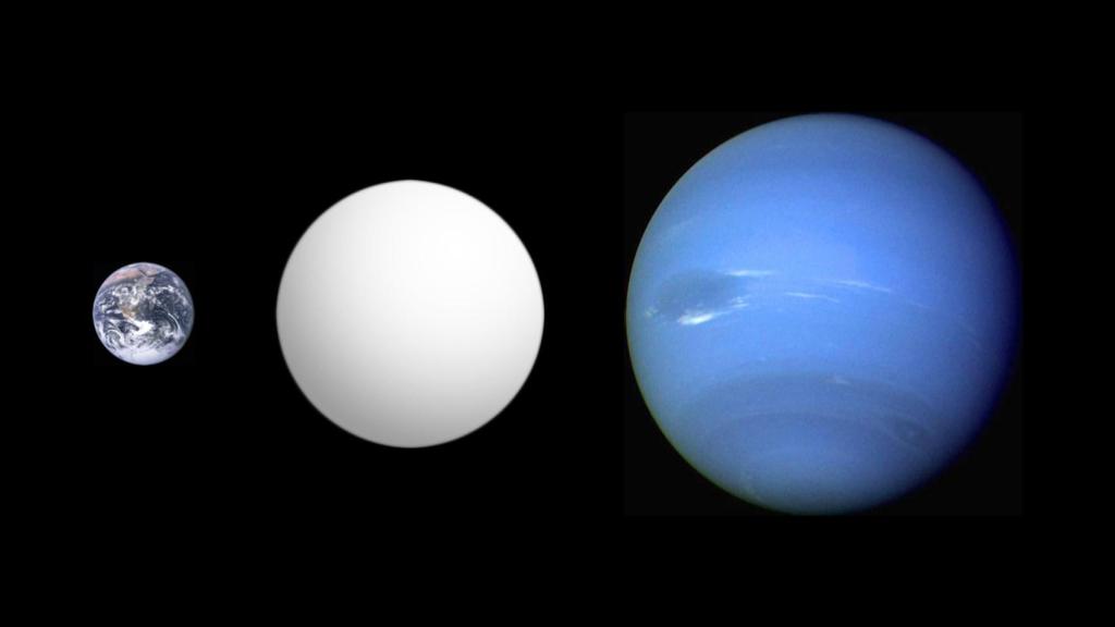 Comparación entre la Tierra (izquierda), Neptuno (derecha) y GJ 1214 b (centro)