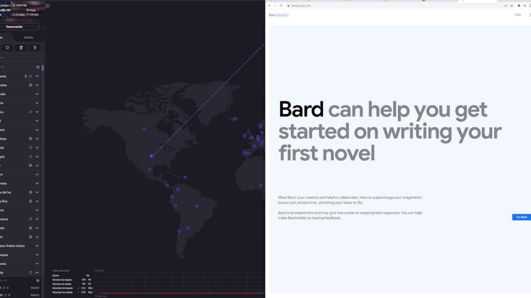 Usando Google Bard gracias a una VPN que nos permite conectarnos desde fuera de España