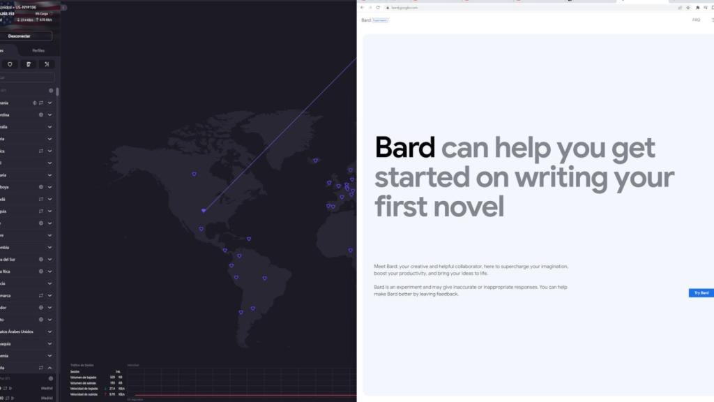 Usando Google Bard gracias a una VPN que nos permite conectarnos desde fuera de España