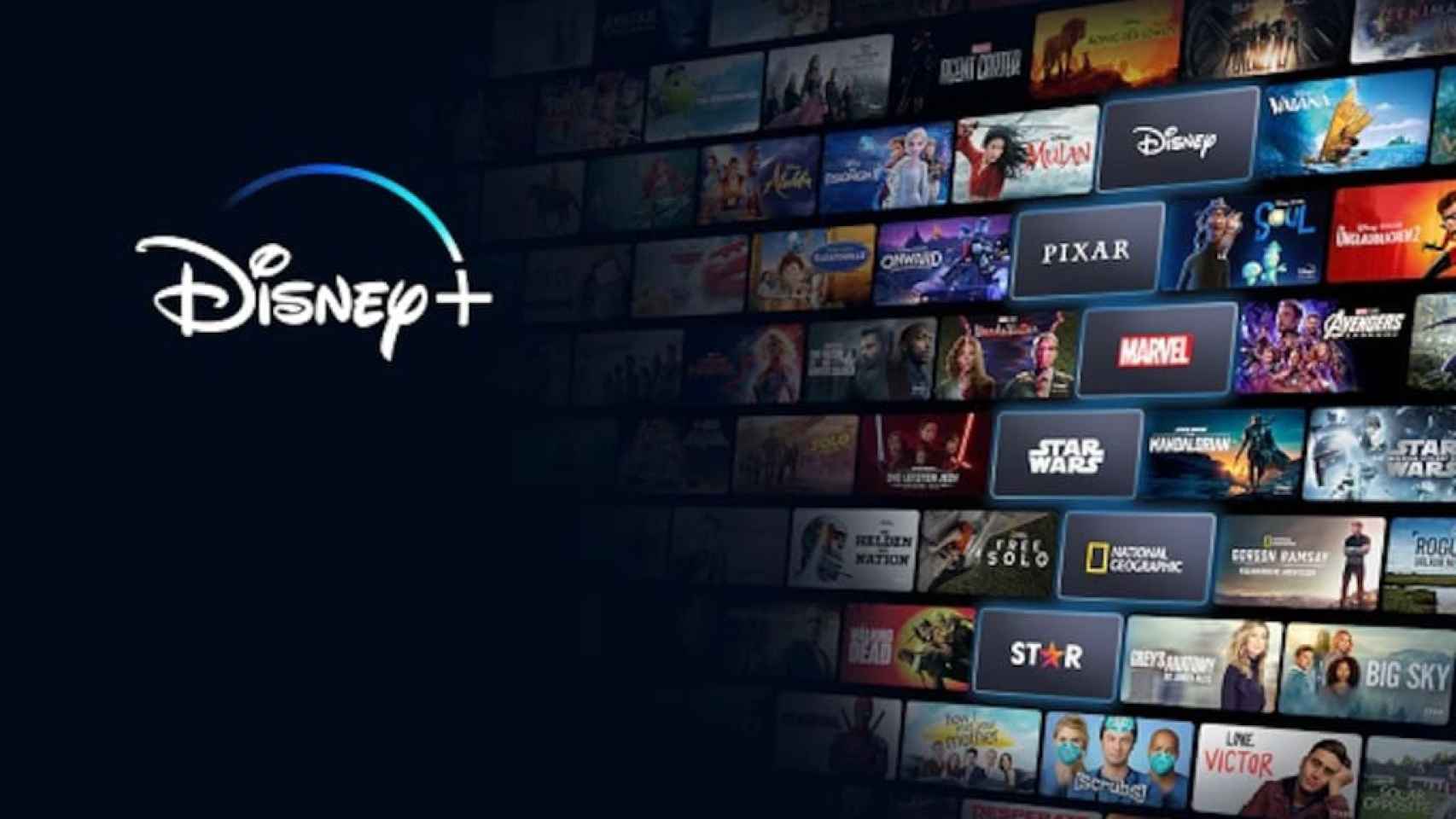 Logo de Disney+ junto a un resumen de su oferta de contenidos.