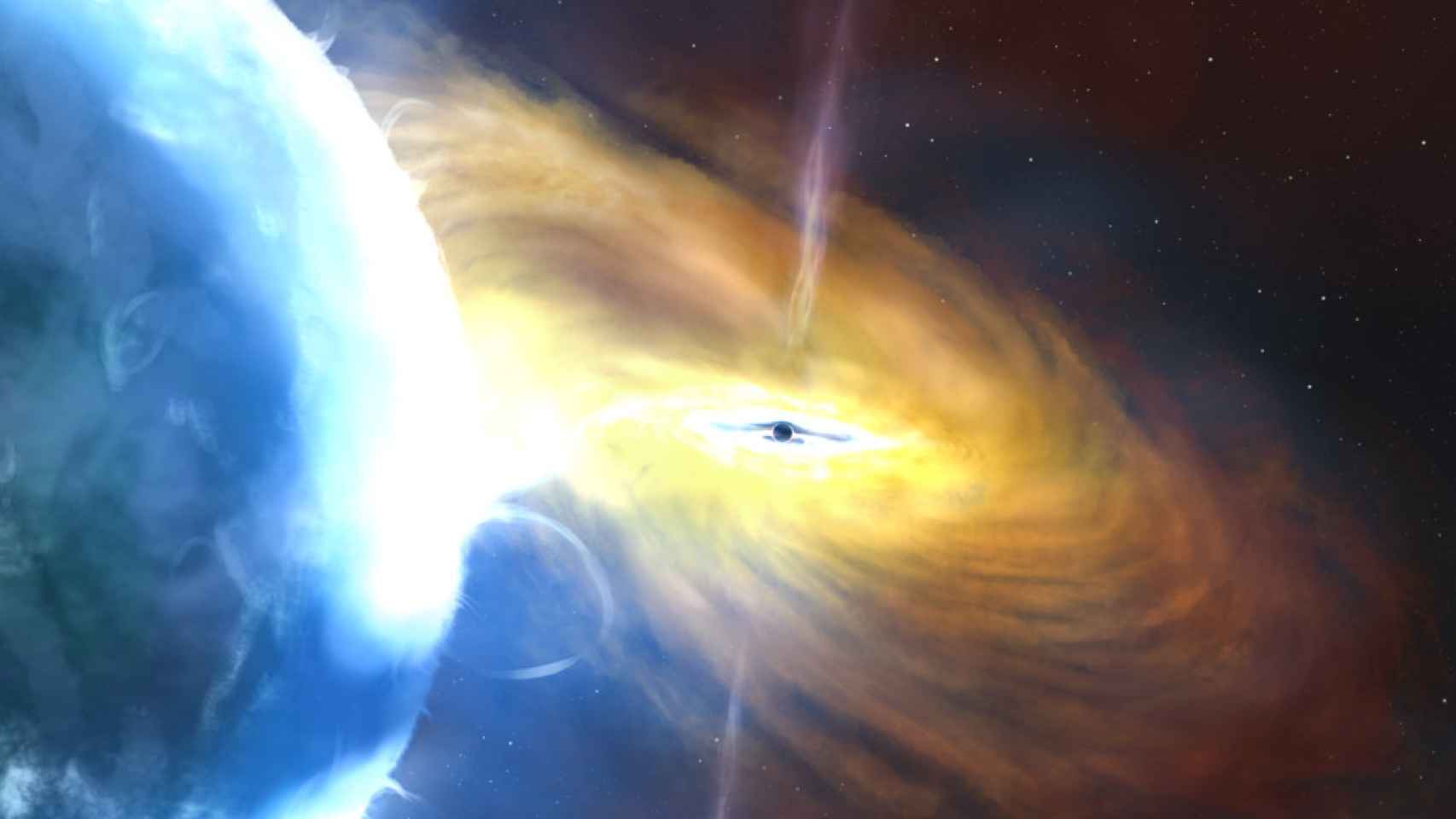Ilustración de Cygnus X-1, un agujero negro con su estrella compañera, formando un disco de 'acreción'