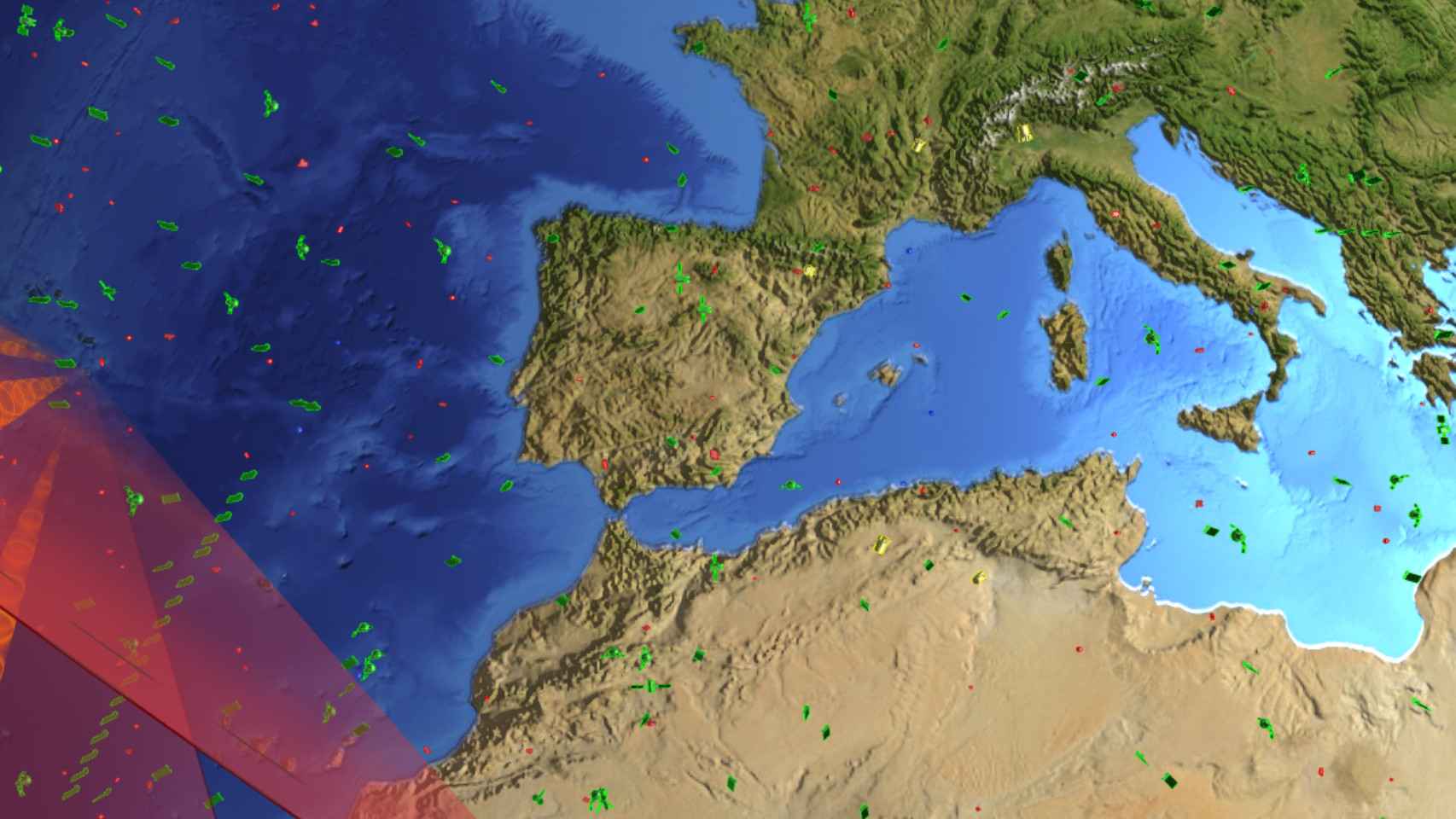El mapa mostrando la basura espacial que pasa por España.