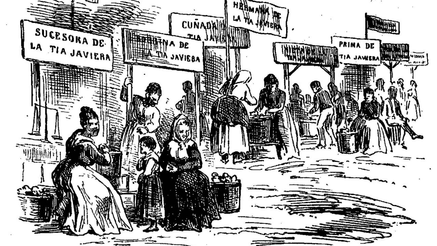 Viñeta de los puestos de rosquillas publicada en la revista satírica El Mundo Cómico (1875)..
