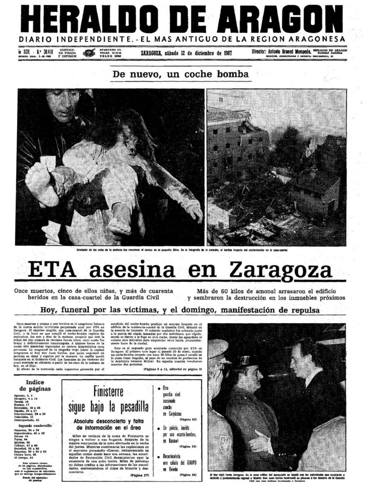 Portada del 'Heraldo de Aragón' tras el atentado de ETA en la casa cuartel de Zaragoza, en 1987.