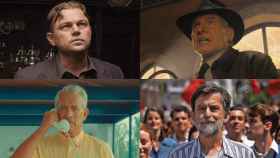 De izquierda a derecha y de arriba abajo, Leonardo di Caprio en 'Killers of the Flower Moon', Harrison Ford en 'Indiana Jones y el dial del destino', Tom Hanks en 'Asteroid City' y Nanni Moretti en 'El sol del futuro'