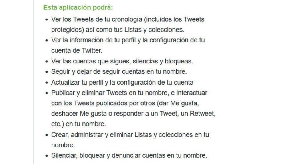 Lista de permisos que pide la app que calcula el valor de la cuenta de Twitter