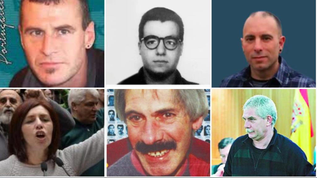 De arriba abajo y de izquierda a derecha, 6 de los 7 etarras condenados por asesinato que van en las listas de EH Bildu: Asier Uribarri Benito, Juan Ramón Rojo, Lander Maruri Basagoiti, Begoña Uzkudun Etxenagusia, José Antonio Torre Altonaga y Agustín Muiños Díaz.