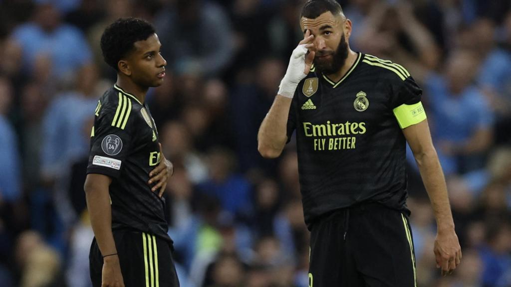 Benzema y Rodrygo, durante la vuelta de semifinales ante el City