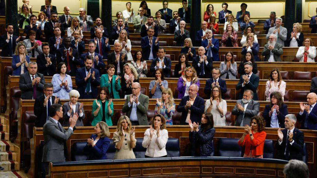 El presidente del Gobierno, Pedro Sánchez, y la bancada socialista este miércoles durante la sesión de control al Gobierno en el Congreso de los Diputados.