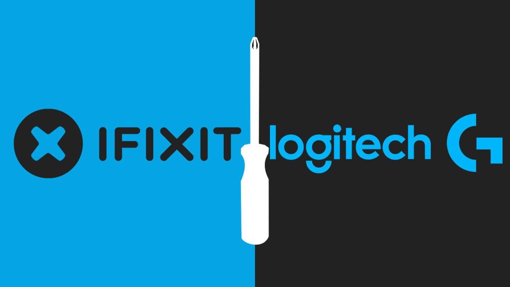 Fotomontaje con las marcas de iFixit y Logitech.