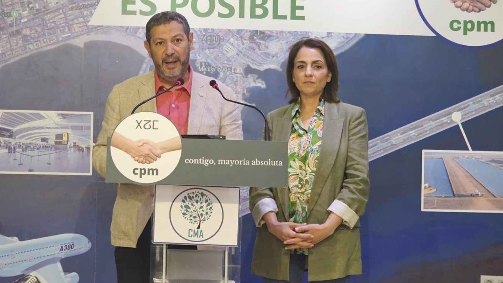 Mustafá Aberchán junto a la candidata a la Presidencia de Melilla por su formación, Dunia Almansouri Umpiérrez