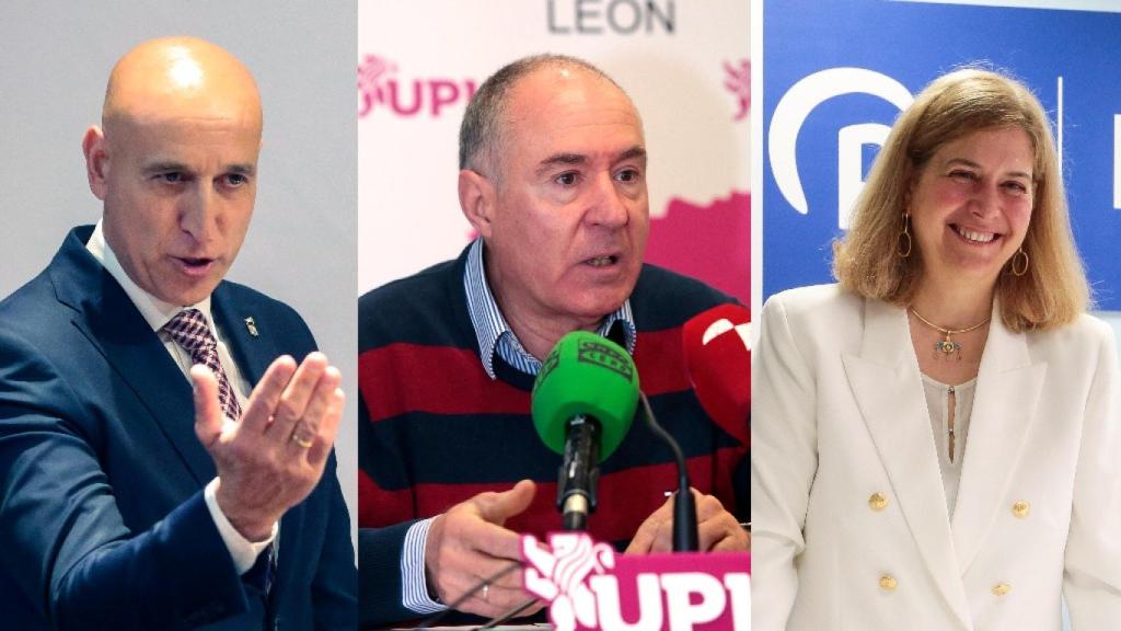 El candidato del PSOE a la Alcaldía de León, José Antonio Diez, el de UPL, Eduardo López Sendino, y la del PP, Margarita Torre.