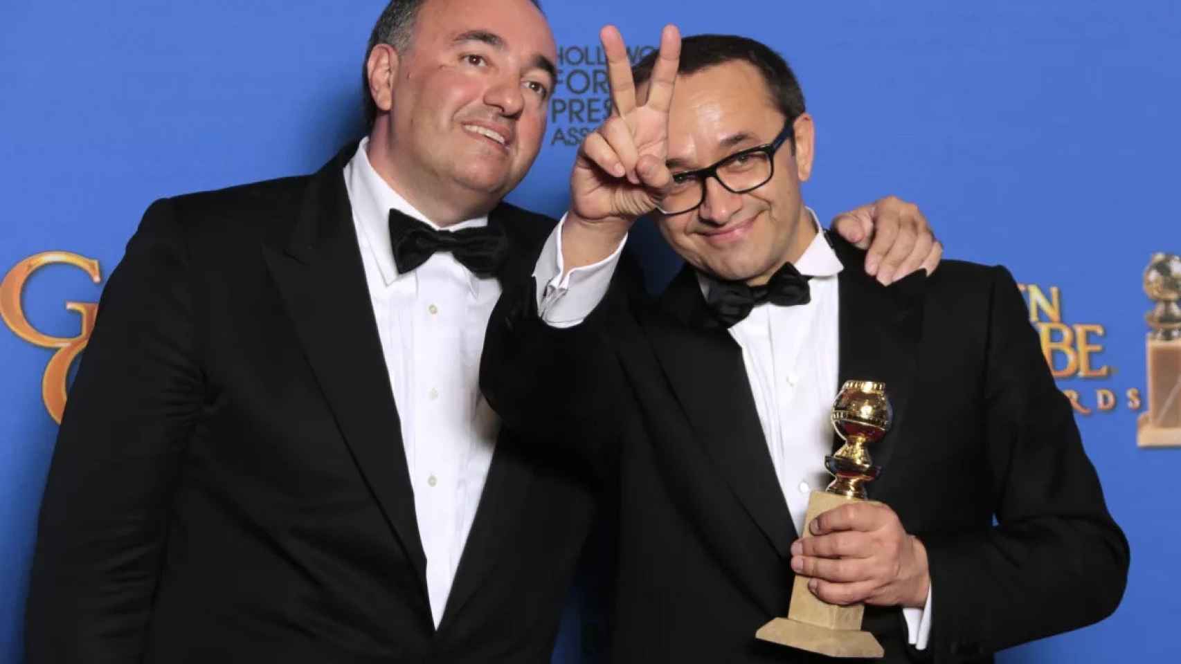 Alexander Rodnyansky y Andrey Zvyagintsev, productor y director de 'Leviatán' en los Globos de Oro de 2015.