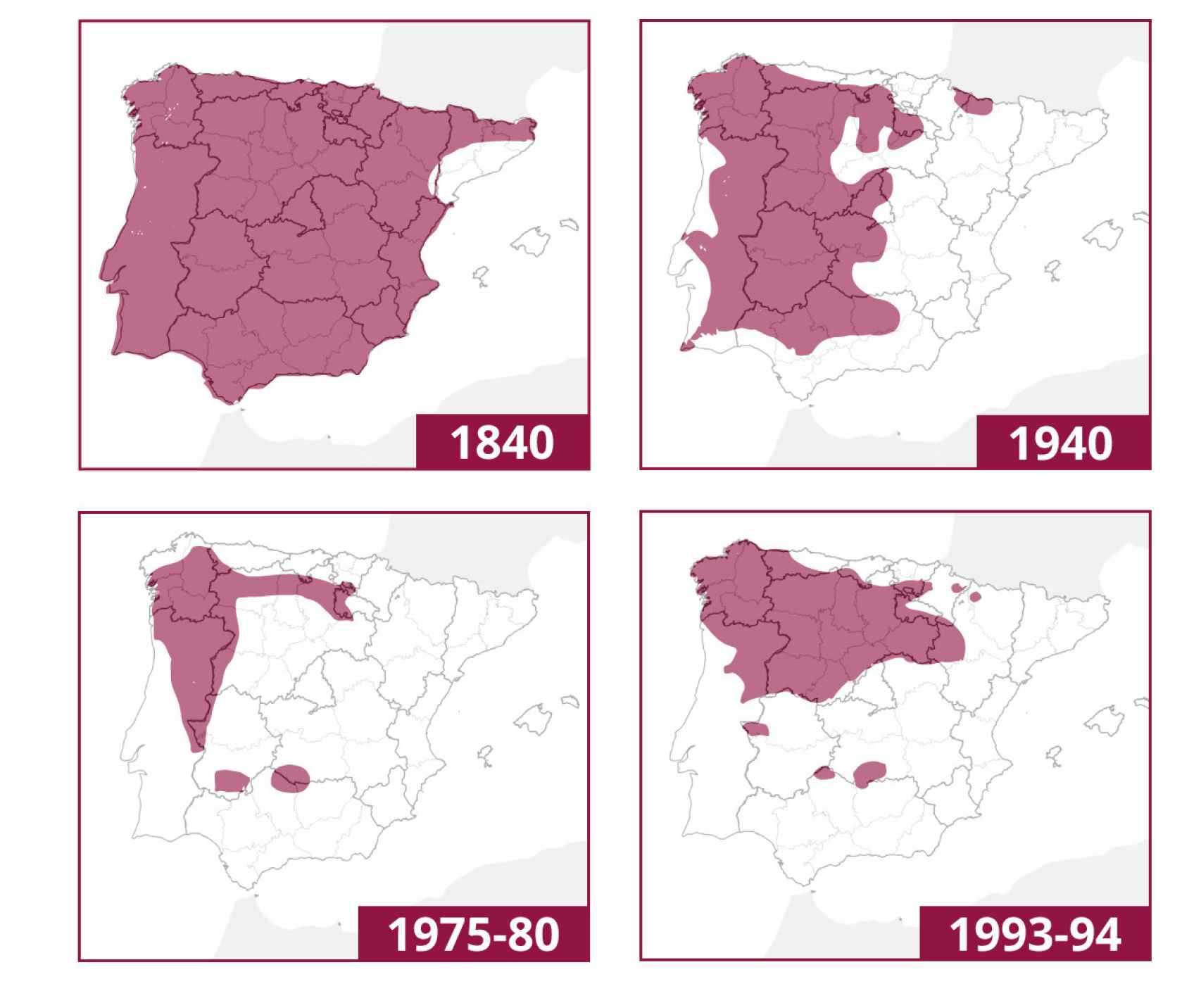 Evolución histórica de la presencia del lobo en la Península Ibérica entre 1840 y 1994