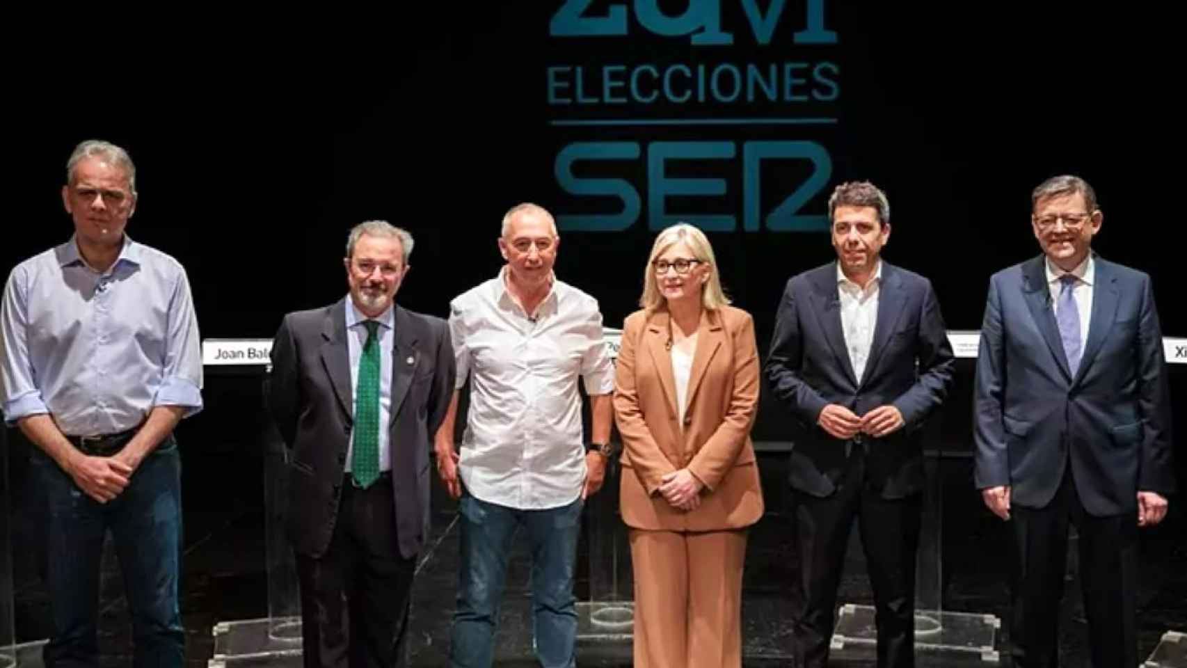 Héctor Illueca, Carlos Flores, Joan Baldoví, Mamen Peris, Carlos Mazón y Ximo Puig, en el debate de Cadena SER.