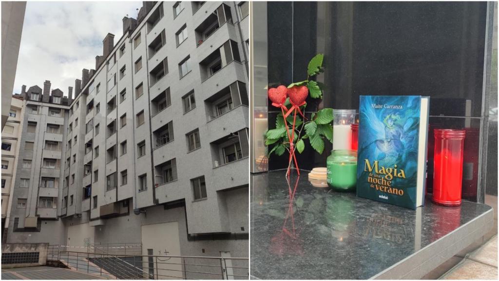 A la izquierda, el edificio en el que residían Alexandra y Anastasia. A la derecha, el altar improvisado por los vecinos de Oviedo.