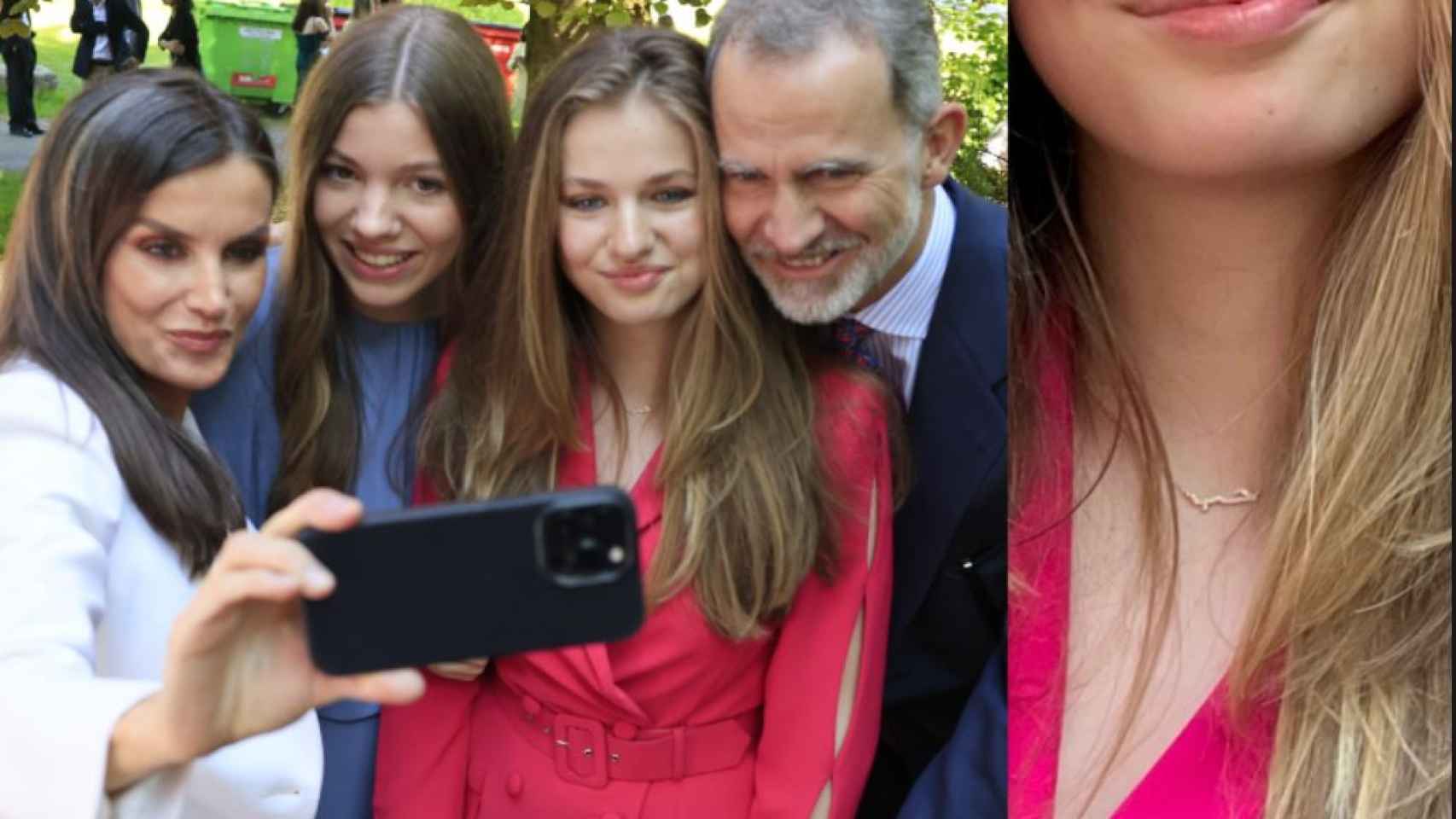 El collar de Leonor en un montaje de EL ESPAÑOL junto al 'selfie' que se tomó la Familia Real.