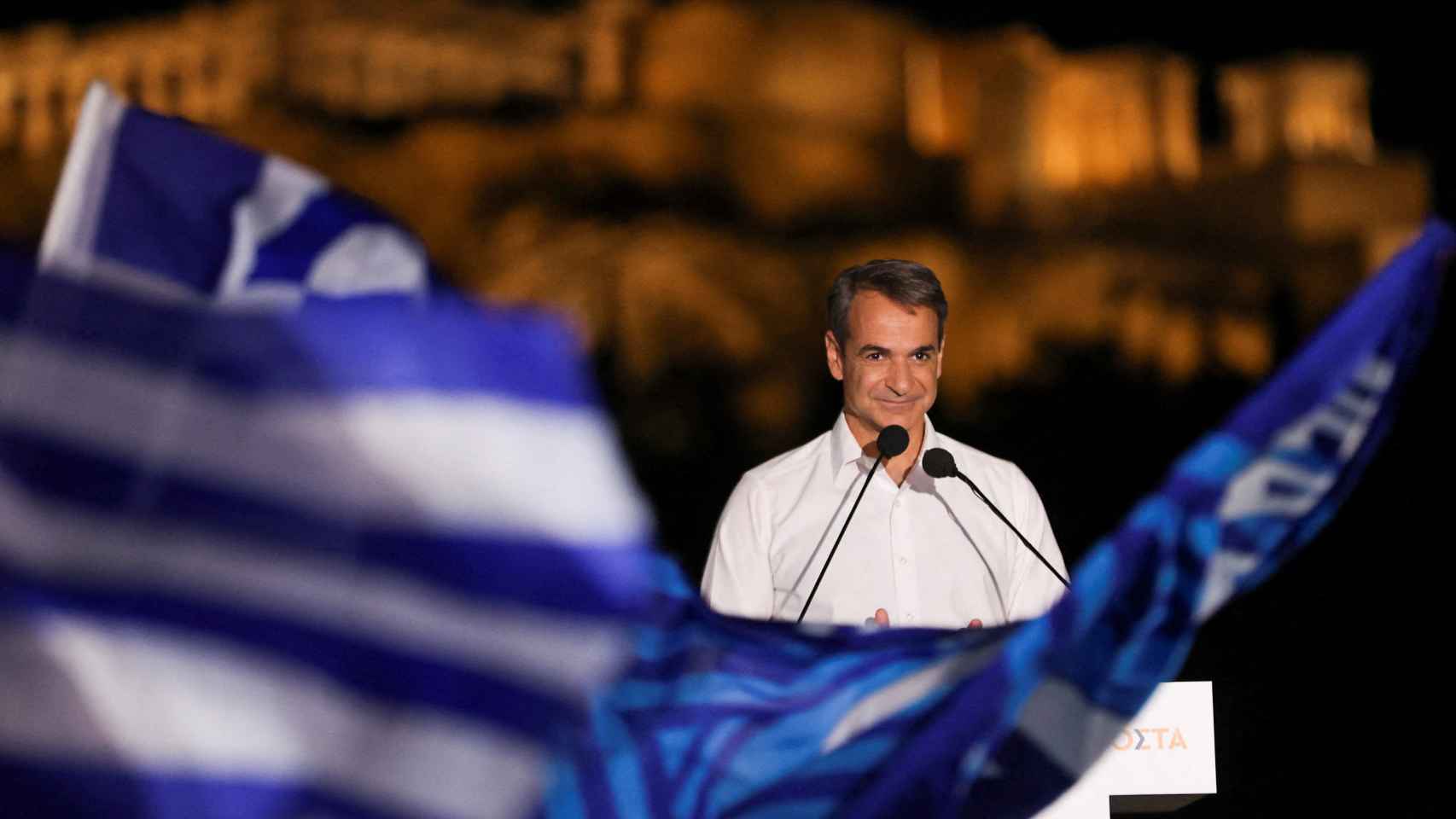 Kyriakos Mitsotakis, primer ministro de Grecia, en el cierre del campaña en Atenas.