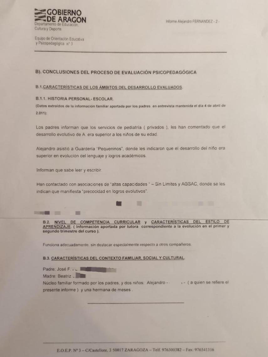 Un informe en el que aún no reconocen, erroneamente, las altas capacidades Alejandro.