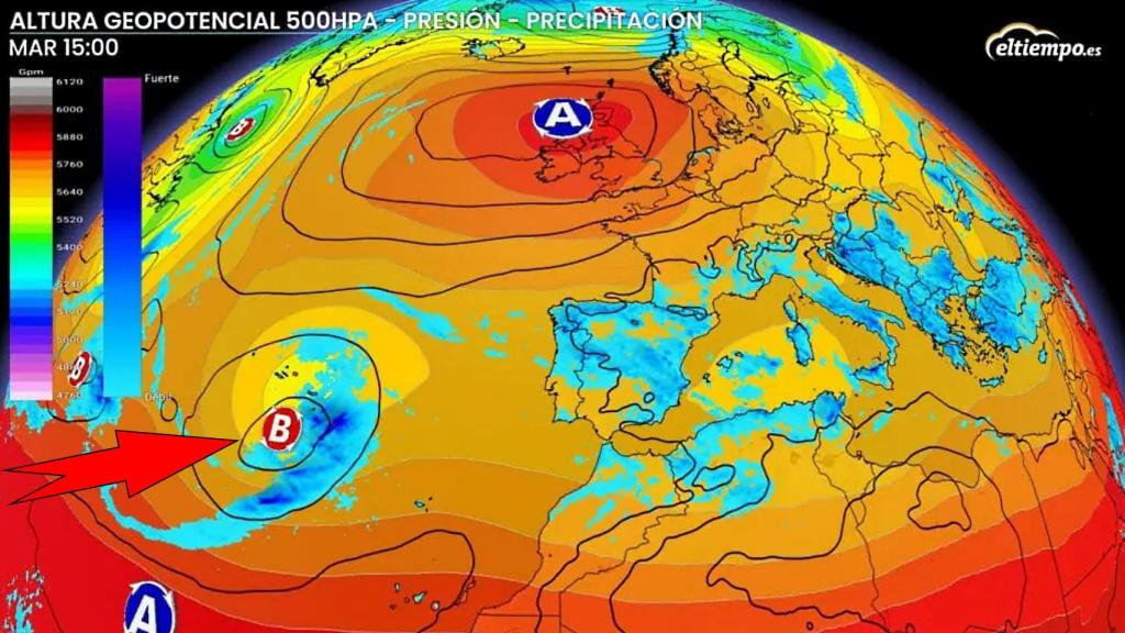 La aproximación de la borrasca fría a España. ElTiempo.es.