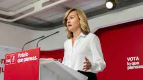 La portavoz del PSOE, Pilar Alegría, este domingo en la sede del partido en Ferraz.