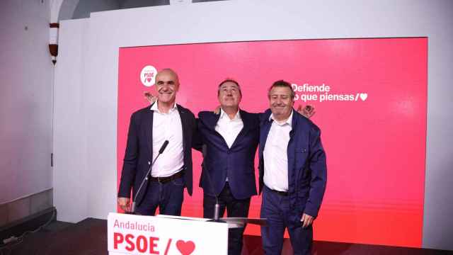 Los líderes del PSOE en Sevilla capital y la provincia, Antonio Muñoz y Javier Fernández, junto al secretario general del PSOE-A (en el centro).
