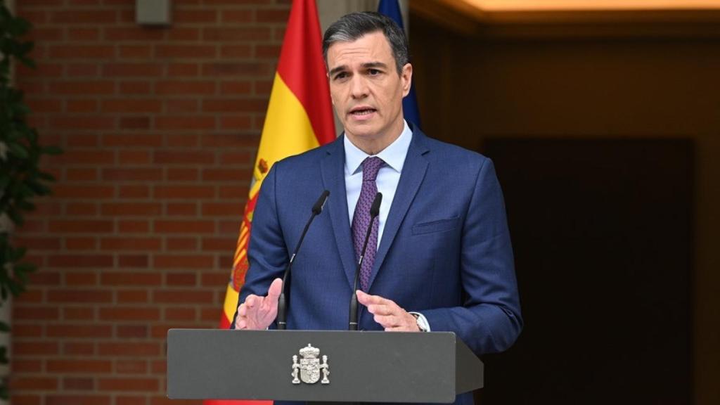 El presidente del Gobierno, Pedro Sánchez durante la comparecencia de este lunes en la Moncloa.