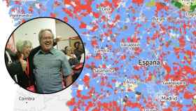 Montaje con el mapa interactivo y Francisco Guarido celebrando la victoria electoral del 28-M