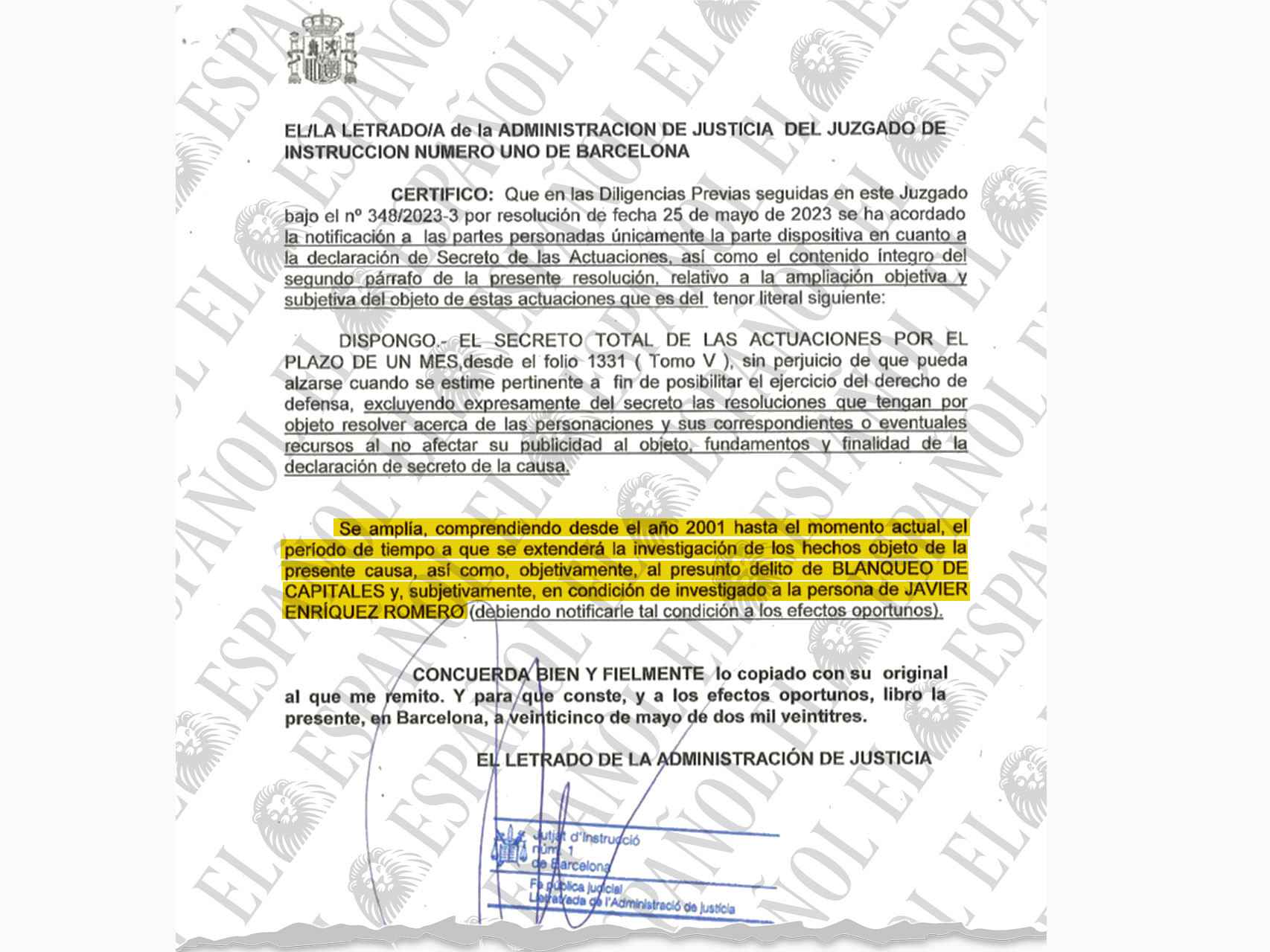 Documento del juzgado de Instrucción Nº1 de Barcelona
