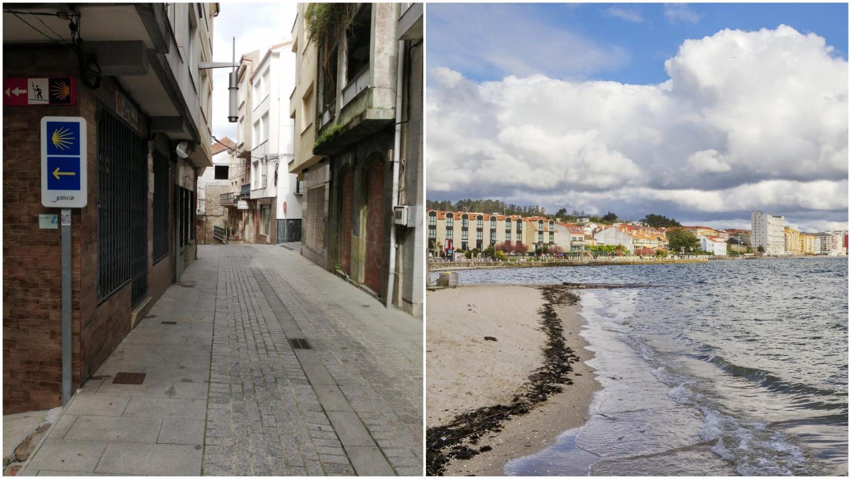 Fotos de archivo de una calle de Cee (izquierda) y la playa de Compostela en Vilagarcía de Arousa (derecha)