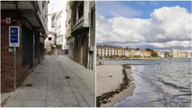 Fotos de archivo de una calle de Cee (izquierda) y la playa de Compostela en Vilagarcía de Arousa (derecha)