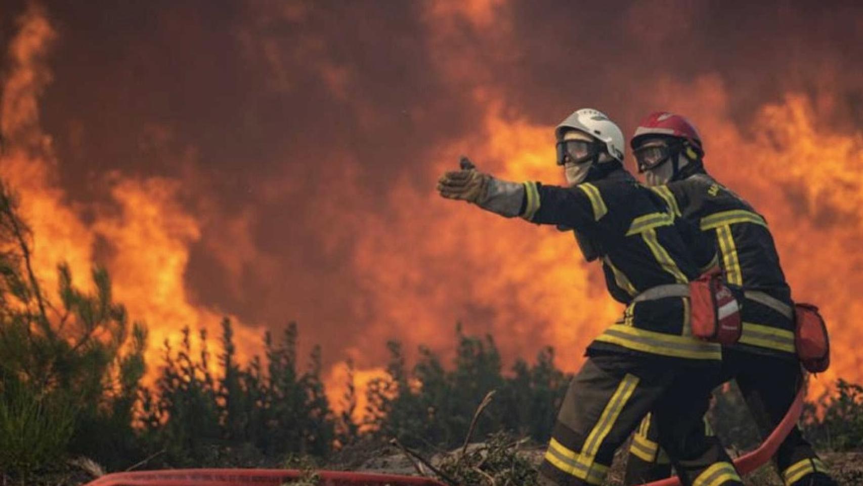 Dos bomberos en la extinción de un incendio forestal en Losacio, Zamora, en julio de 2022.