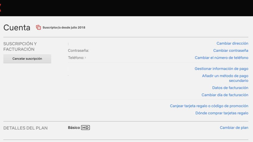 Menú de opciones de Netflix.