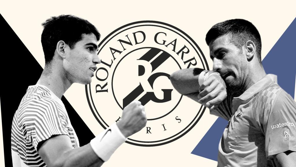 Fotomontaje de Carlos Alcaraz y Novak Djokovic con el logo de Roland Garros