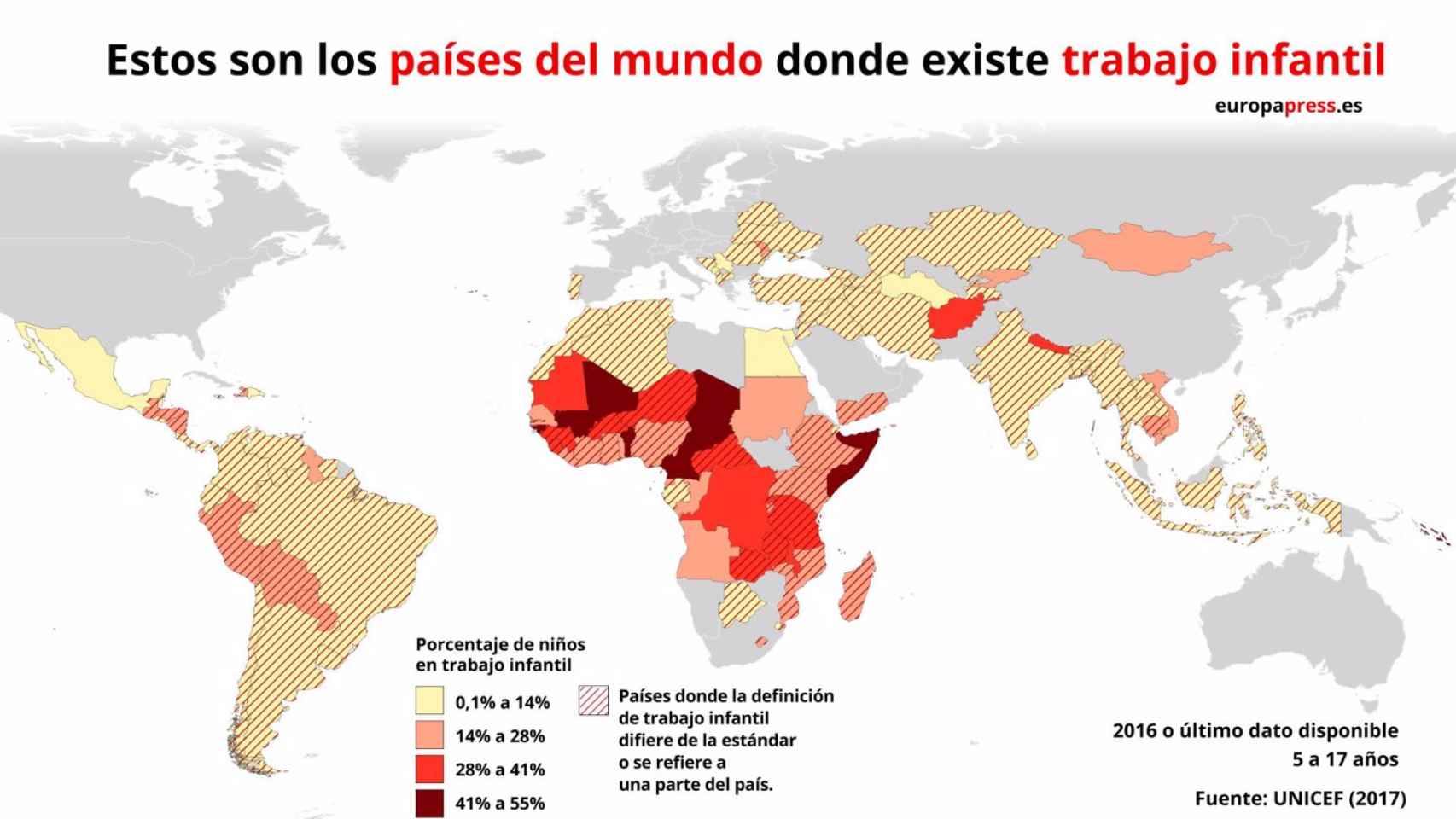 Mapa de los países donde sigue existiendo el trabajo infantil.