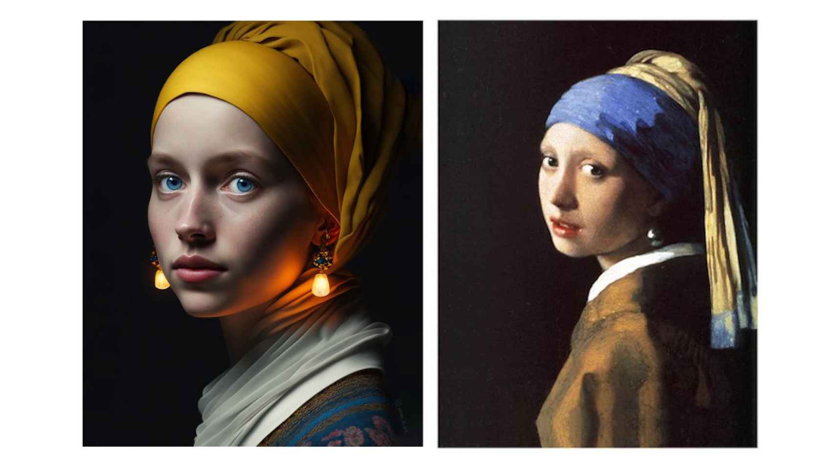 La joven de la perla de Vermeer a la la derecha de una reinterpretación hecha con IA