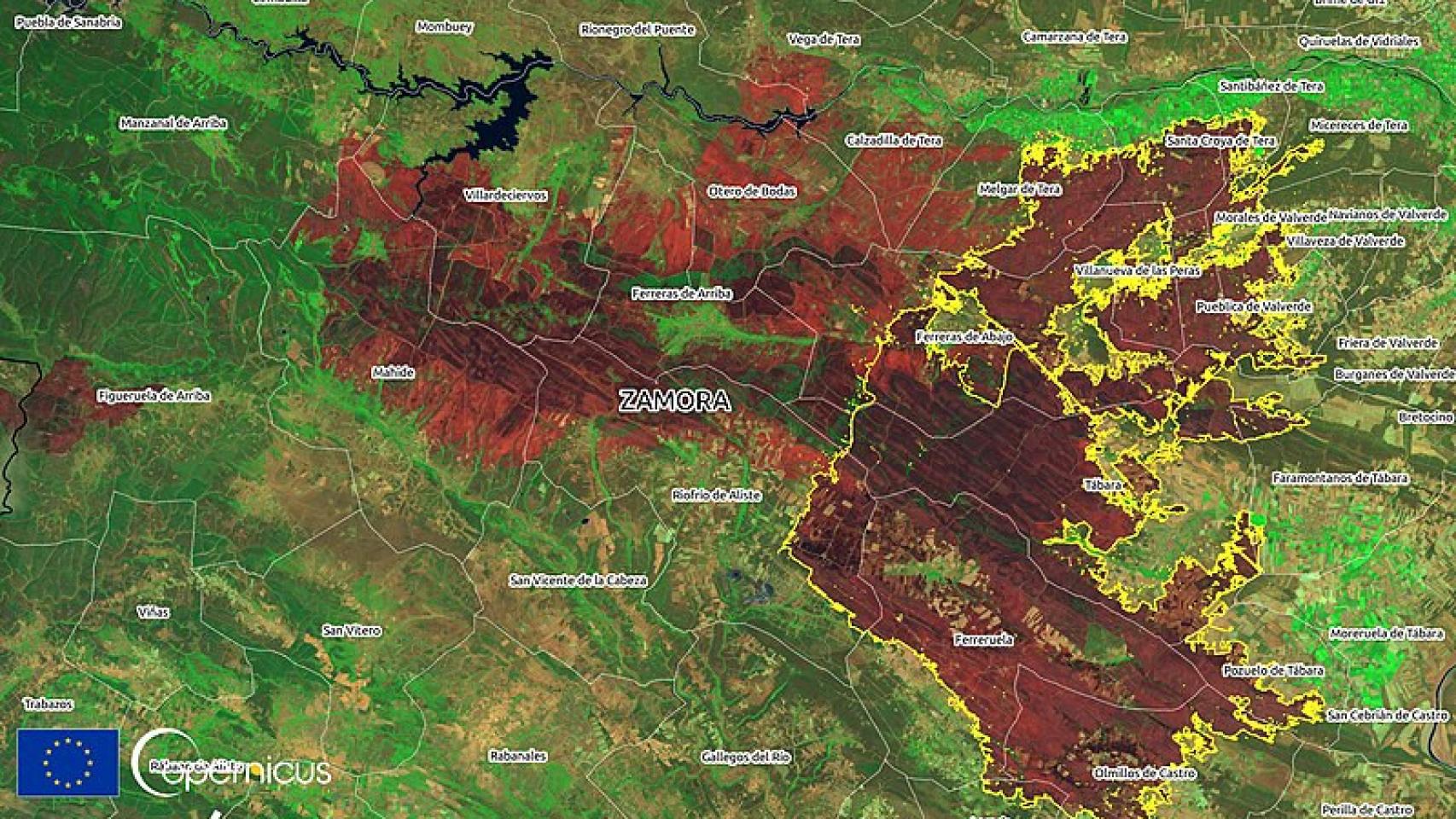 Imagen del Satélite Copernicus que indica la masa forestal quemada en la Sierra de la Culebra
