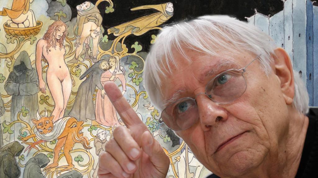 Milo Manara, este jueves en Madrid. Foto: EFE/Javier Lizón. Al fondo, detalle de la portada del cómic 'El nombre de la rosa' (Lumen)