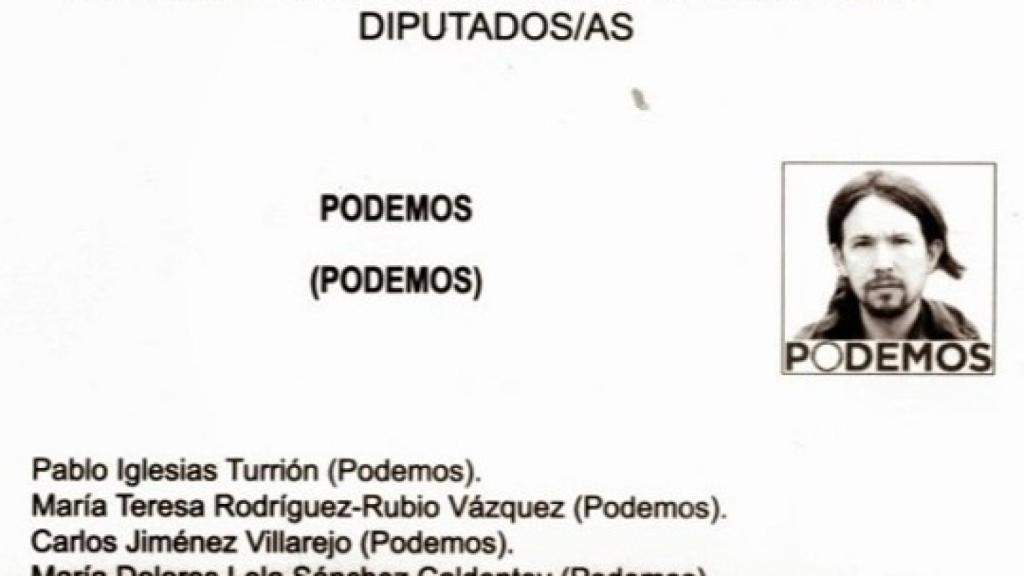 La papeleta de Podemos en las elecciones europeas de 2014, con la cara de Pablo Iglesias como logotipo.
