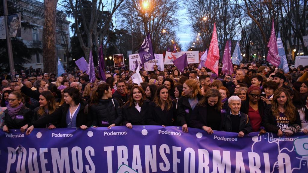 Varios dirigentes de Podemos, en la última manifestación del 8-M.