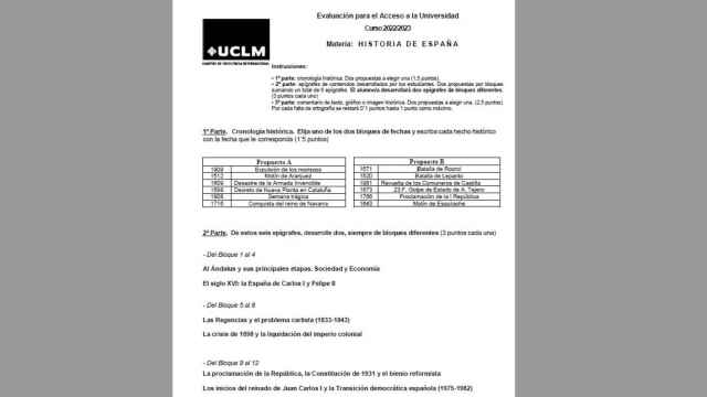 Imagen del examen de Historia de España de EvAU 2023 en Castilla-La Mancha