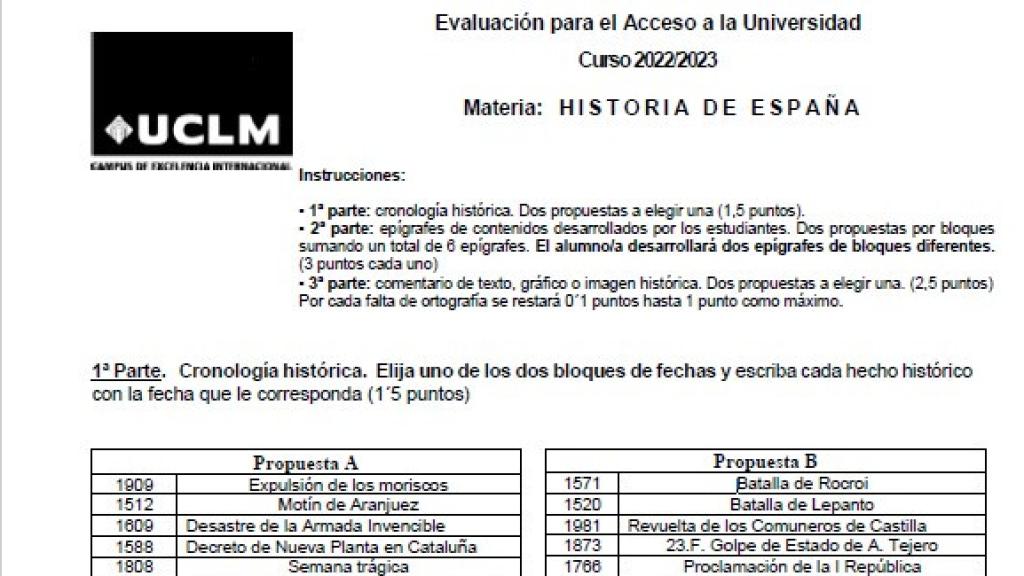 Imagen del examen de Historia de España de EvAU 2023 en Castilla-La Mancha