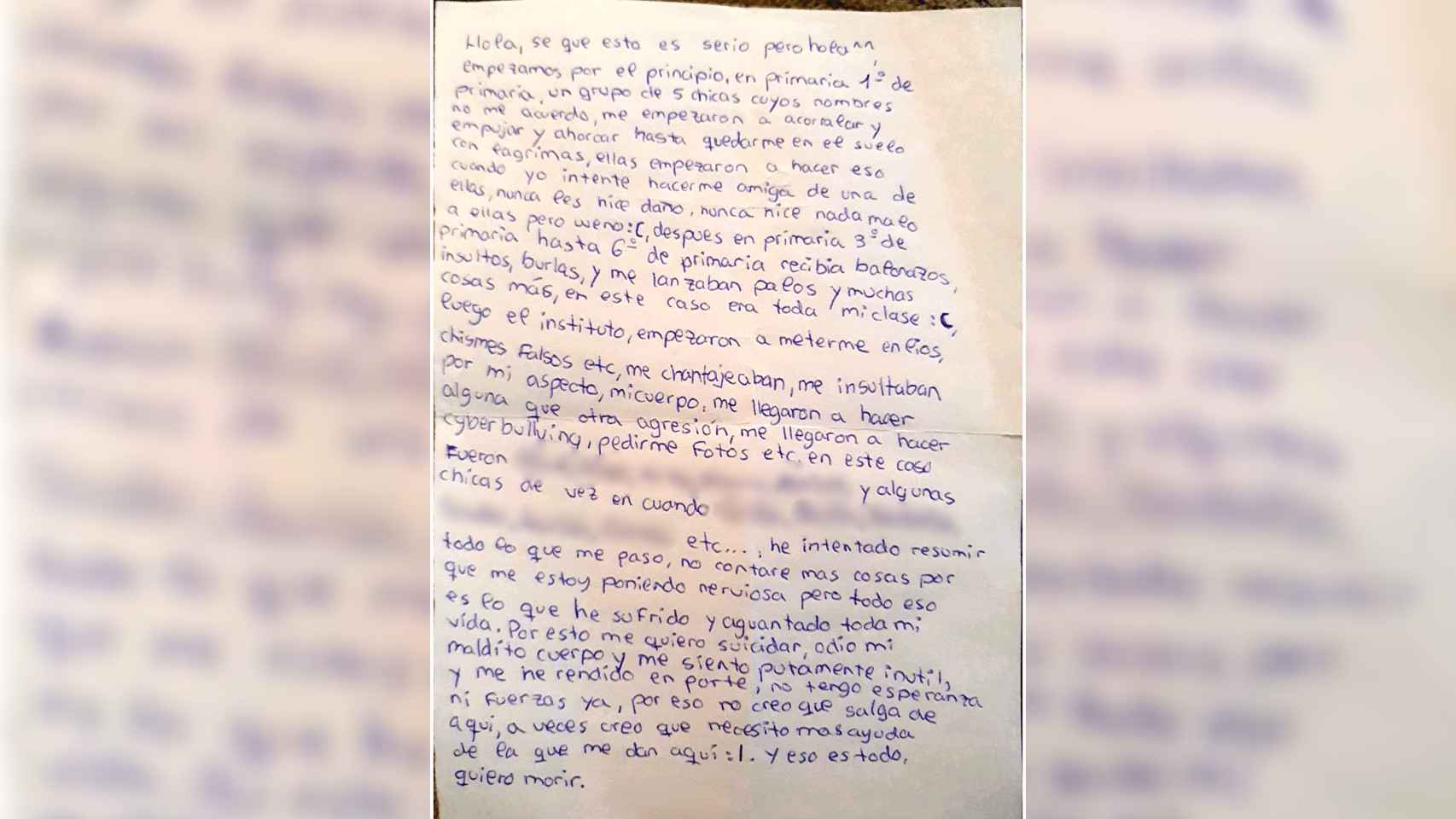 La carta donde la joven narró el acoso que sufría.
