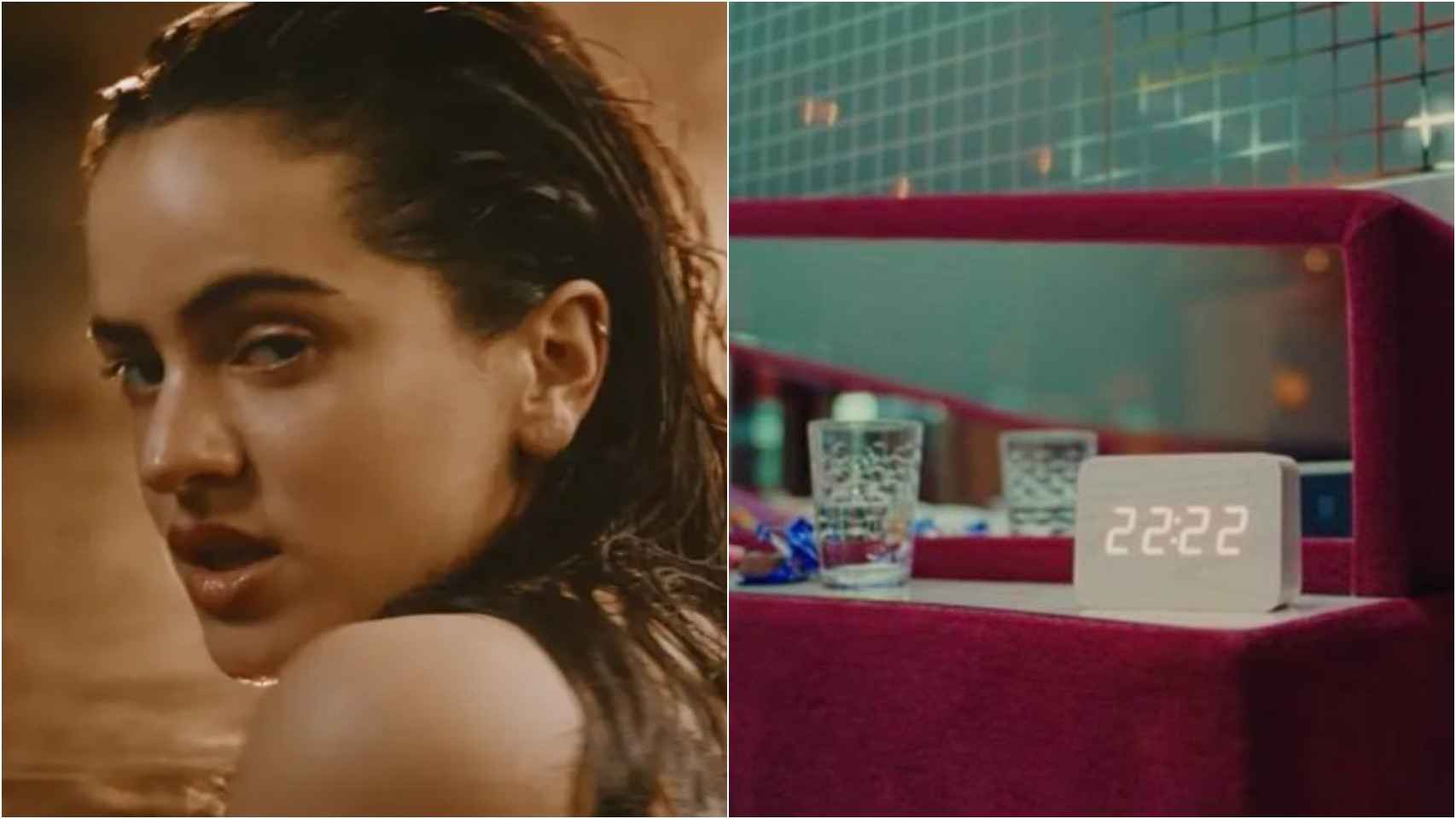 A la izquierda, Rosalía en el videoclip de su última canción 'Tuya'. A la derecha, el misterioso reloj digital que aparece en el videoclip.
