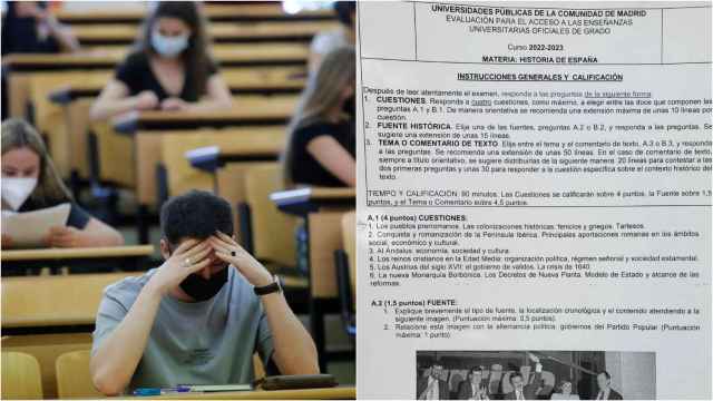 A la izquierda, varios alumnos realizando un examen de Selectividad en Madrid. A la derecha, el examen de Historia de España.